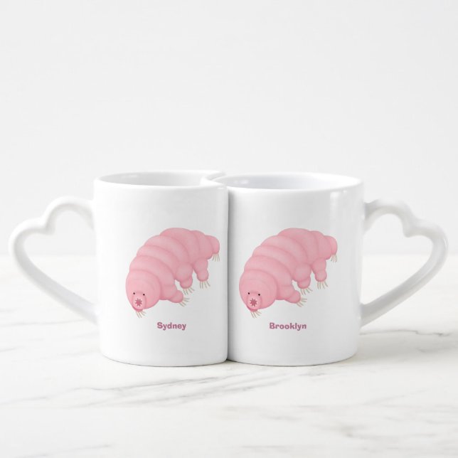 Cute pink tardigrade water bear cartoon  coffee mug set (Back Nesting)