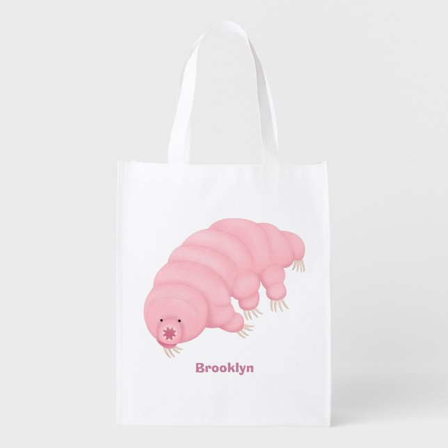 Cute pink tardigrade water bear cartoon grocery bag (Front)