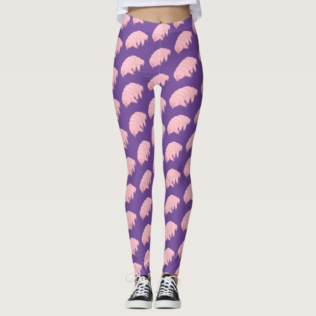 Cute pink tardigrade water bear cartoon leggings (Front)