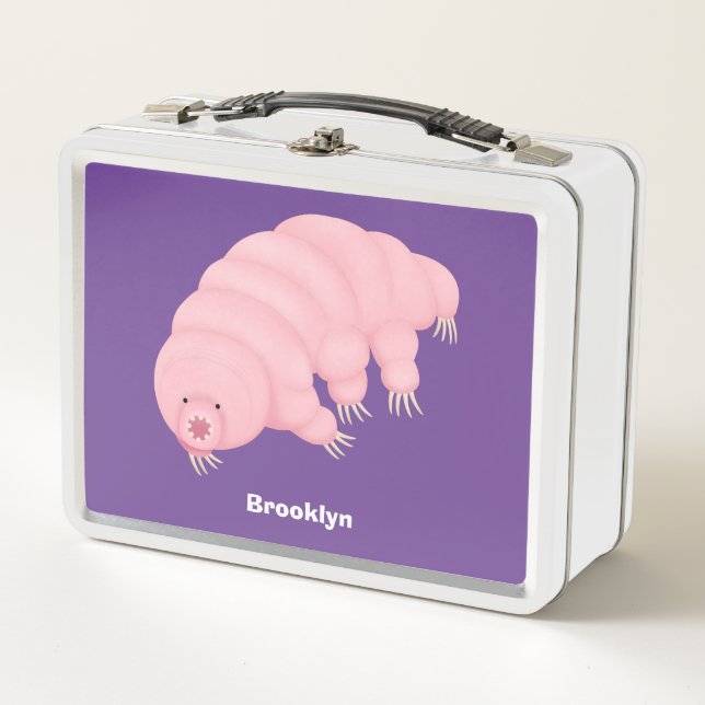 Cute pink tardigrade water bear cartoon metal lunch box (Front)