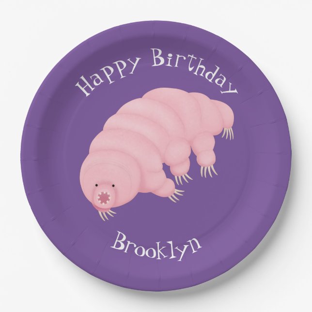 Cute pink tardigrade water bear cartoon paper plates (Front)