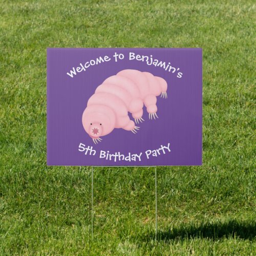 Cute pink tardigrade water bear cartoon sign