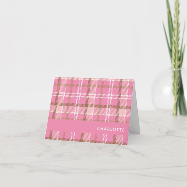 Cute Pink Tartan Plaid Pattern Personalized Name Note Card (Front)