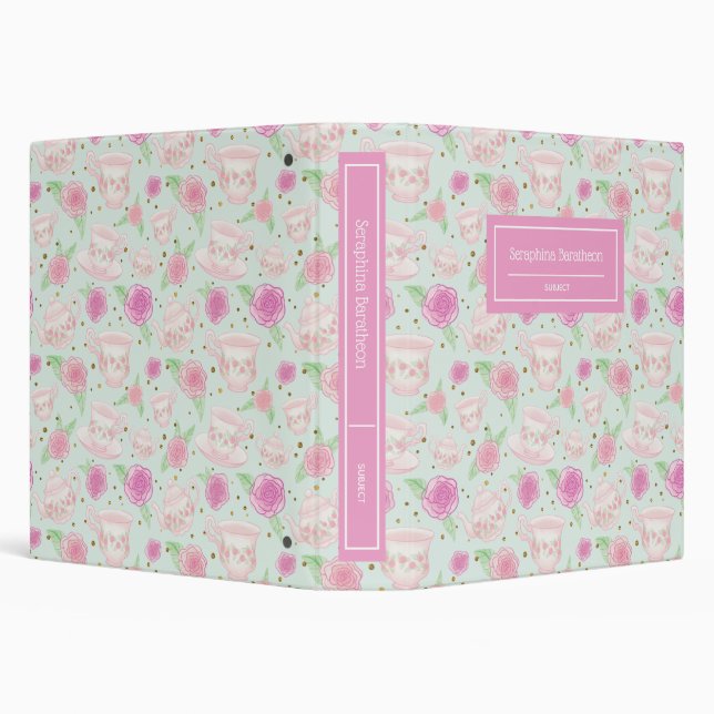 Cute Pink Tea Cups Personalized Name 3 Ring Binder (Background)