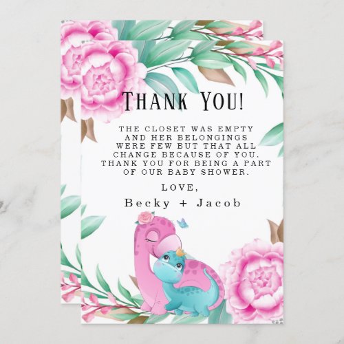 Cute Pink Teal Dinosaur Baby Shower Thank You Card