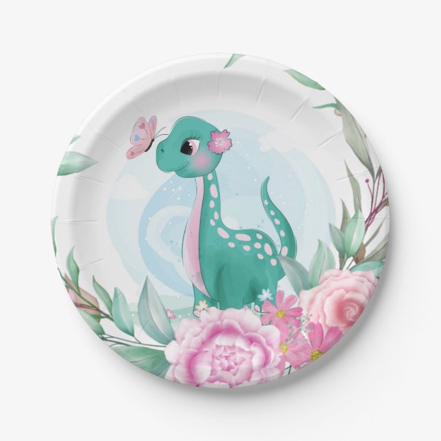 Cute Pink Teal Dinosaur Butterfly Girl Baby Shower Paper Plates (Front)