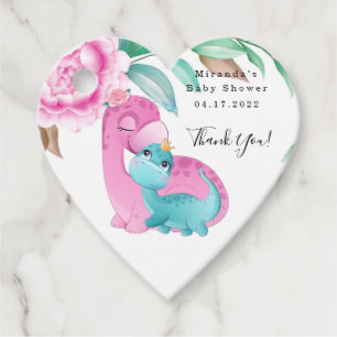 Cute Pink Teal Dinosaurs Baby Shower Thank You Favor Tags