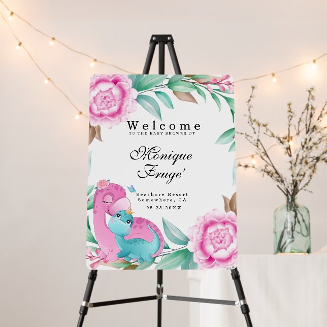 Cute Pink Teal Dinosaurs Baby Shower Welcome Sign (In Situ (Stand))