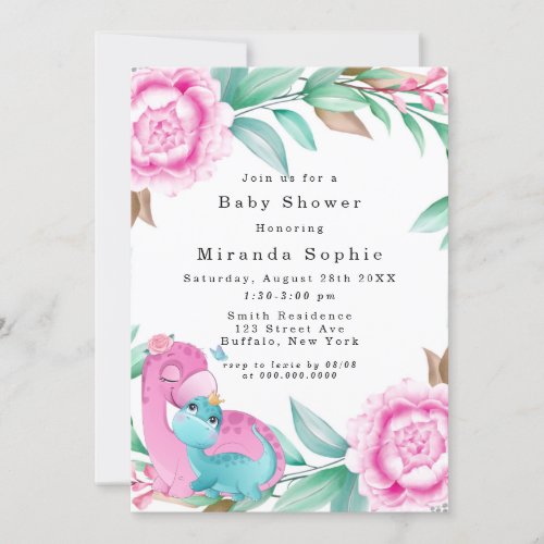 Cute Pink Teal Dinosaurs Girl Baby Shower  Invitation