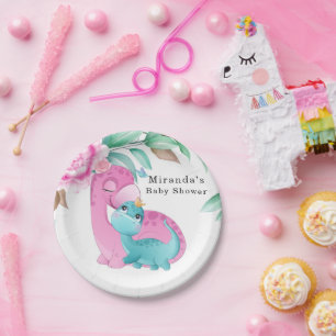 Cute Pink Teal Dinosaurs Peony Baby Girl Shower Paper Plates