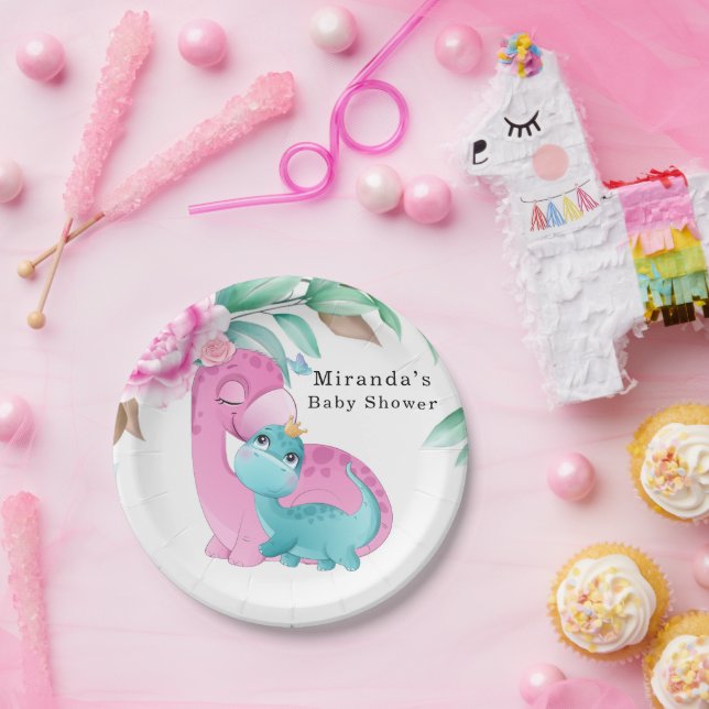 Cute Pink Teal Dinosaurs Peony Baby Girl Shower Paper Plates (Party)