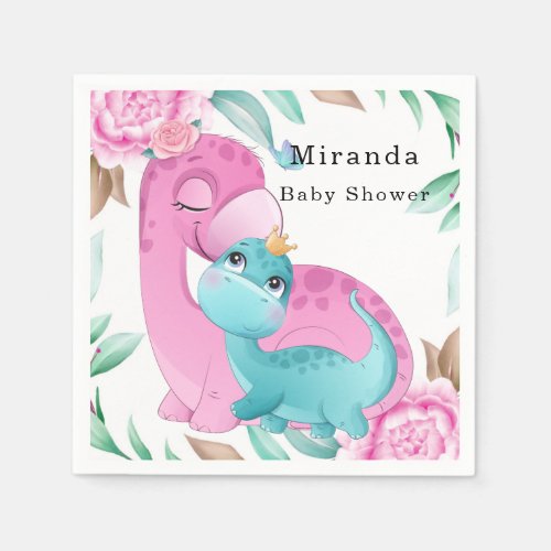 Cute Pink Teal Dinosaurs Peony Girl Baby Shower Napkins