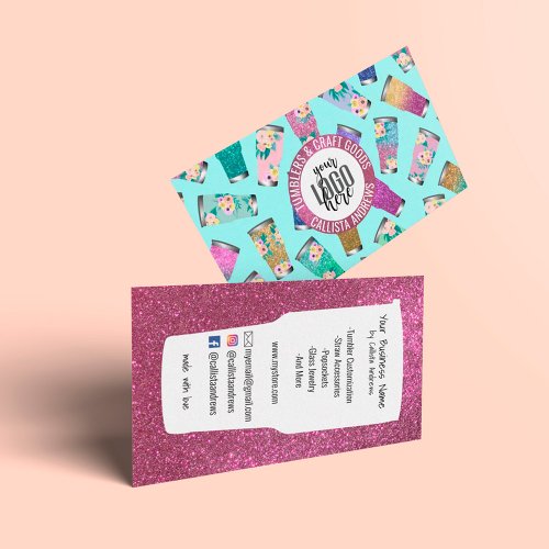 Cute Pink Teal Floral Glitter Tumbler Crafter Logo Business Card