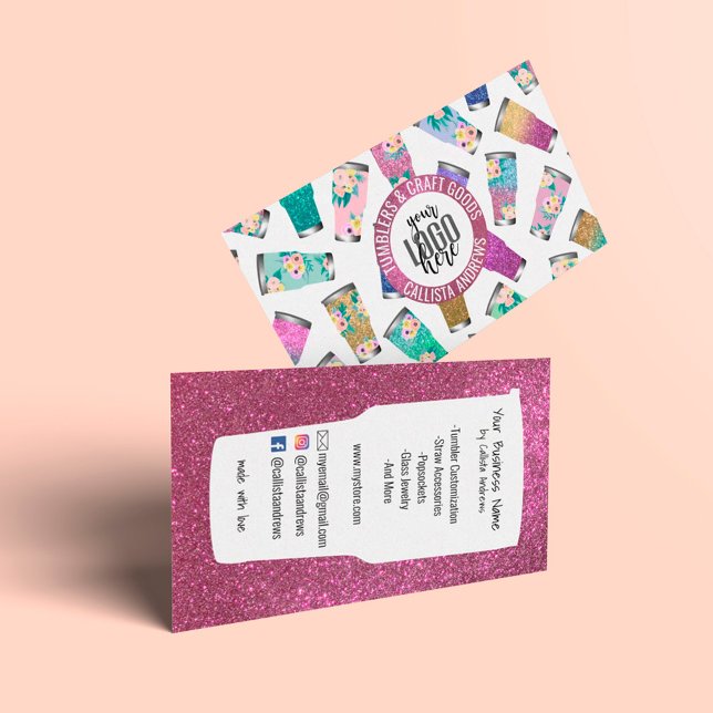 Cute Pink Teal Floral Glitter Tumbler Crafter Logo Business Card (Creator Uploaded)