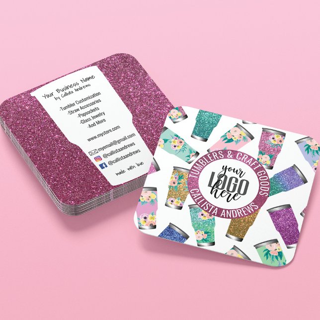 Cute Pink Teal Floral Glitter Tumbler Crafter Logo Square Business Card (Creator Uploaded)