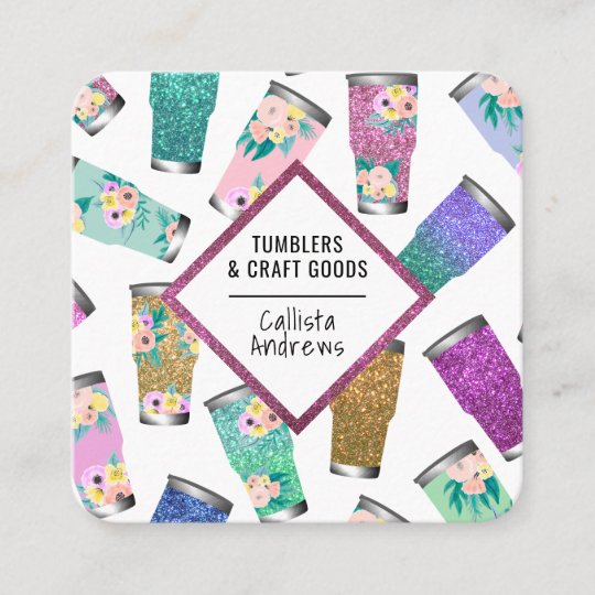 Cute Pink Teal Floral Glitter Tumbler Crafter Square Business Card