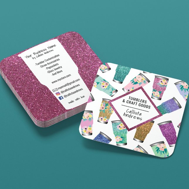 Cute Pink Teal Floral Glitter Tumbler Crafter Square Business Card (Creator Uploaded)