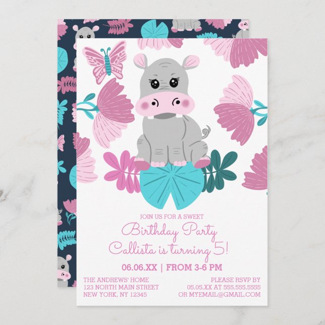 Cute Pink Teal Hippo Floral Butterfly Birthday Invitation (Front/Back)