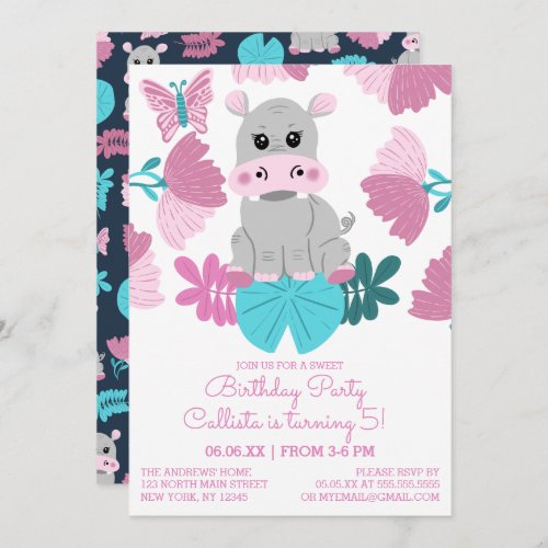 Cute Pink Teal Hippo Floral Butterfly Birthday Invitation