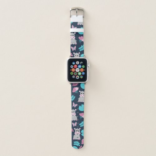 Cute Pink Teal Hippo Floral Butterfly Lily Pad Apple Watch Band