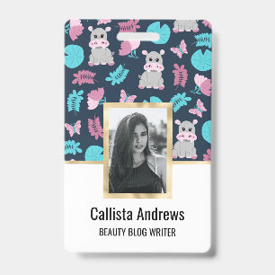 Cute Pink Teal Hippo Floral Butterfly Lily Pad Badge