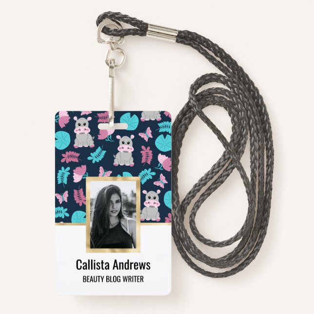 Cute Pink Teal Hippo Floral Butterfly Lily Pad Badge (Front with Lanyard)