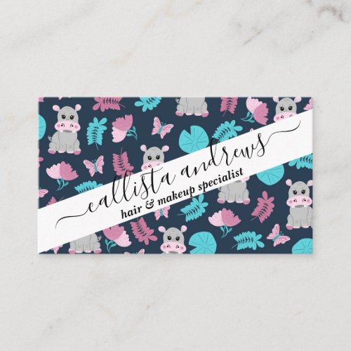 Cute Pink Teal Hippo Floral Butterfly Lily Pad Business Card