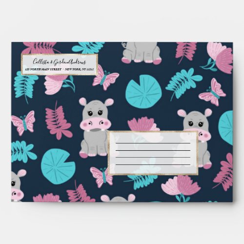 Cute Pink Teal Hippo Floral Butterfly Lily Pad Envelope