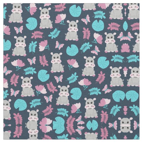 Cute Pink Teal Hippo Floral Butterfly Lily Pad Fabric