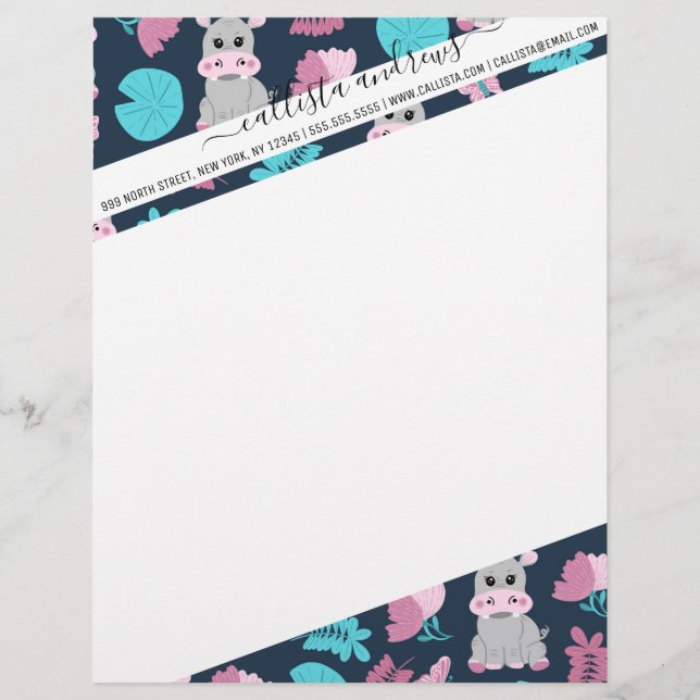 Cute Pink Teal Hippo Floral Butterfly Lily Pad Letterhead (Front)