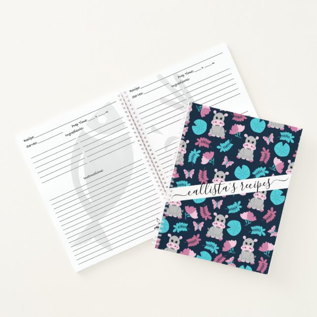 Cute Pink Teal Hippo Floral Butterfly Lily Pad Notebook (Inside)