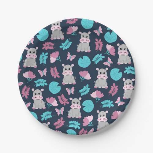 Cute Pink Teal Hippo Floral Butterfly Lily Pad Paper Plates
