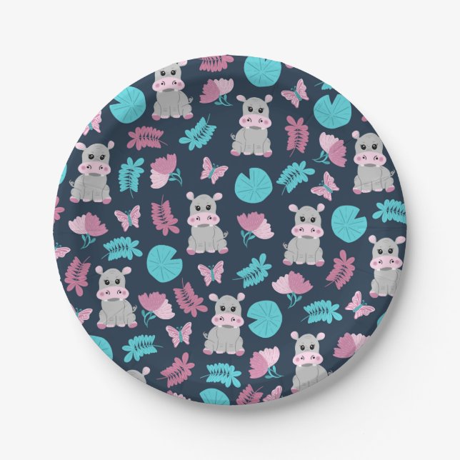 Cute Pink Teal Hippo Floral Butterfly Lily Pad Paper Plates (Front)