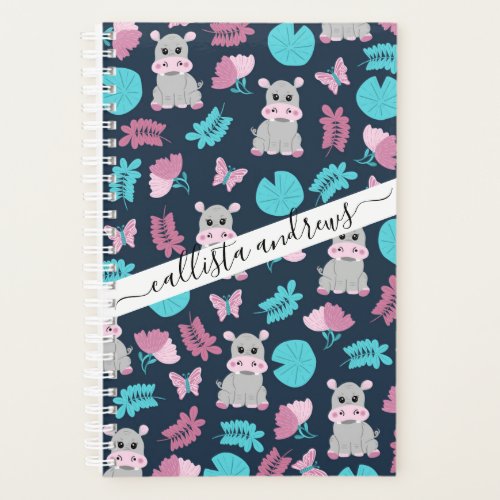 Cute Pink Teal Hippo Floral Butterfly Lily Pad Planner