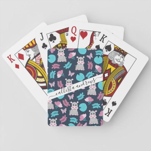 Cute Pink Teal Hippo Floral Butterfly Lily Pad Playing Cards