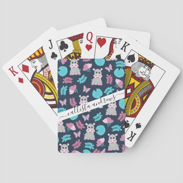 Cute Pink Teal Hippo Floral Butterfly Lily Pad Poker Cards (Back)