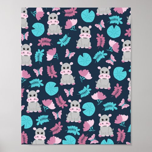 Cute Pink Teal Hippo Floral Butterfly Lily Pad Poster