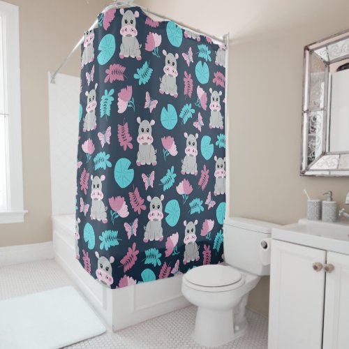 Cute Pink Teal Hippo Floral Butterfly Lily Pad Shower Curtain