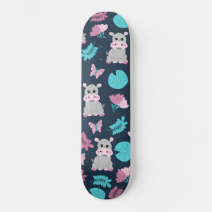 Cute Pink Teal Hippo Floral Butterfly Lily Pad Skateboard