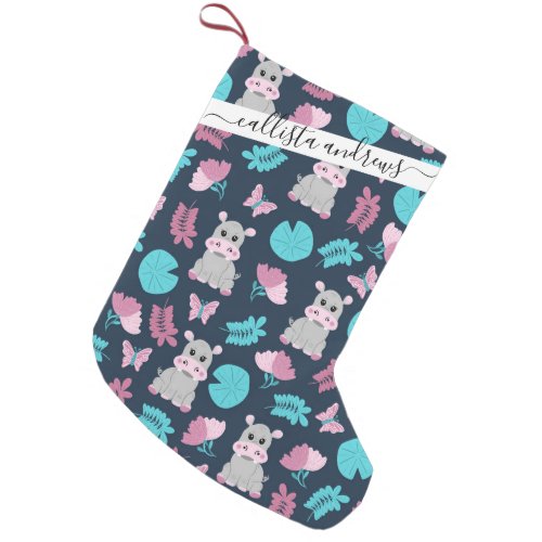 Cute Pink Teal Hippo Floral Butterfly Lily Pad Small Christmas Stocking