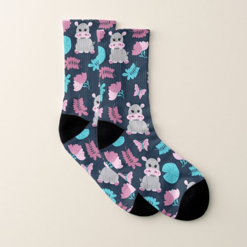 Cute Pink Teal Hippo Floral Butterfly Lily Pad Socks