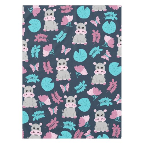 Cute Pink Teal Hippo Floral Butterfly Lily Pad Tablecloth