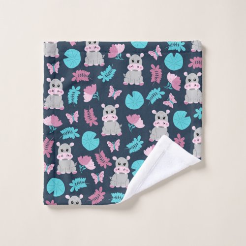 Cute Pink Teal Hippo Floral Butterfly Lily Pad Wash Cloth