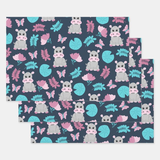 Cute Pink Teal Hippo Floral Butterfly Lily Pad Wrapping Paper Sheets (Set)