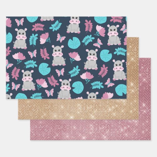 Cute Pink Teal Hippo Floral Butterfly Lily Pad Wrapping Paper Sheets