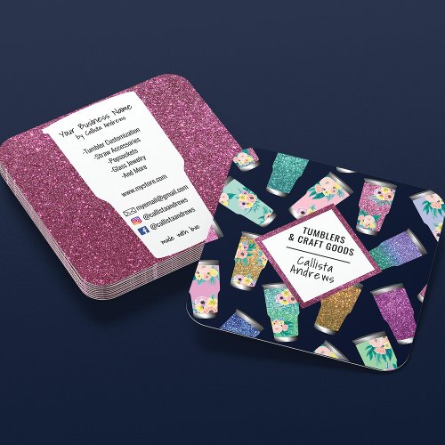 Cute Pink Teal Navy Floral Glitter Tumbler Crafter Square Business Card