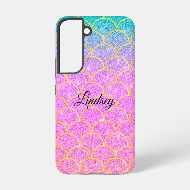 Cute Pink & Teal Personalized Glitter Mermaid  Samsung Galaxy Case (Back)