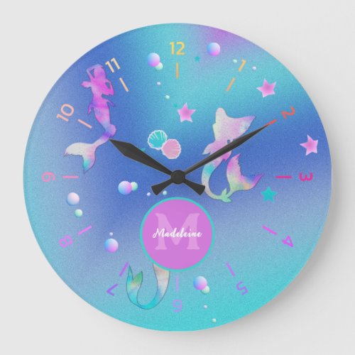 Cute Pink Teal Sea Ocean Shells Mermaid Monogram Large Clock