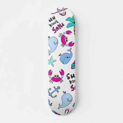 Cute Pink Teal Summer Beach Illustrated Characters Skateboard