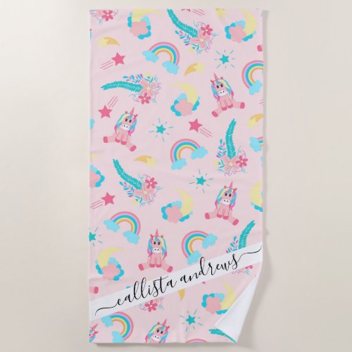 Cute Pink Teal Unicorn Rainbow Floral Stars Beach Towel